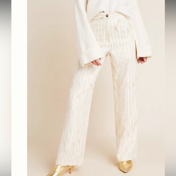 Porridge Pants - Anthropologie Porridge Kelyn Striped Trousers Ivory Women size 10 Metallic Gold
